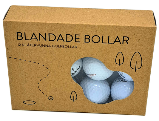 Förpackning med texten 'BLANDADE BOLLAR, 12 ST ÅTERVUNNA GOLFBOLLAR' som visar tre synliga vita golfbollar genom ett fönster, omgiven av stiliserade träd och golfmotiv på brun kartongbakgrund. Floridabollar