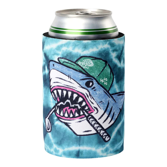 En öl koozie med hajmotiv