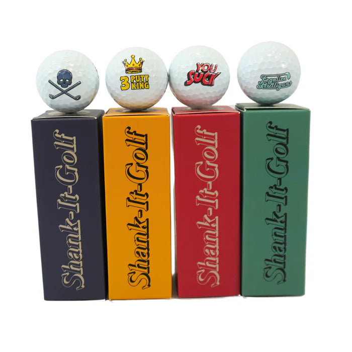 Bild på fyra golfbollpaket med texten Shank-it-golf