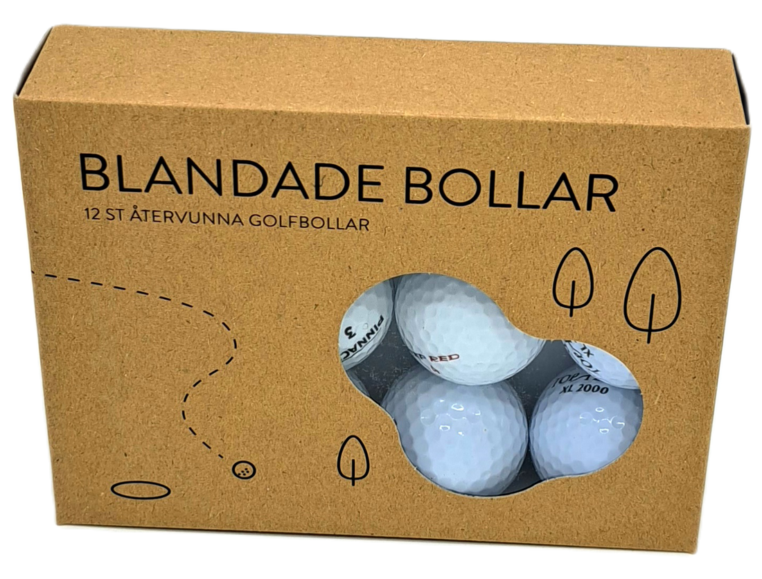 Förpackning med texten 'BLANDADE BOLLAR, 12 ST ÅTERVUNNA GOLFBOLLAR' som visar tre synliga vita golfbollar genom ett fönster, omgiven av stiliserade träd och golfmotiv på brun kartongbakgrund. Floridabollar
