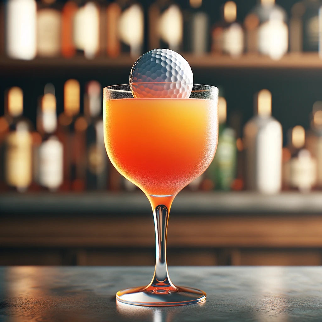 Elegant cocktail i ett coupeglas med en golfboll balanserad på toppen, framför en suddig bakgrund av en bar med diverse flaskor