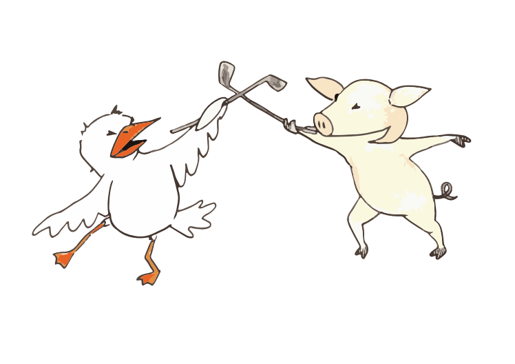 Tecknad bild av en vit fågel och en beige gris som ser ut att fäktas med golfklubbor, båda gestikulerande och med öppna munnar som om de argumenterar, på en vit bakgrund.