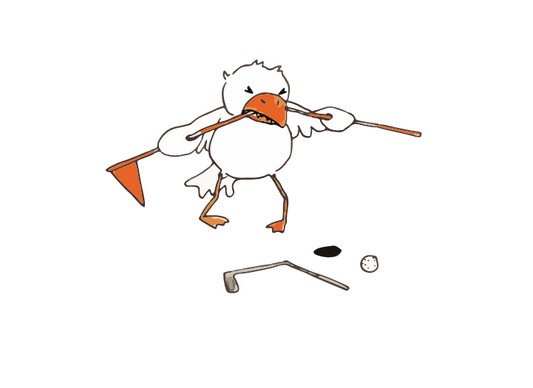 Illustration av en frustrerad vit fågel som håller en bruten golfflagga i näbben, med en golfboll och det separata klubhuvudet på marken framför sig, vilket antyder ett misslyckat försök att spela golf